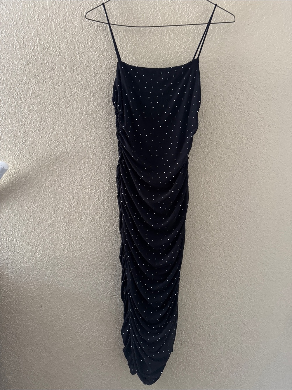 Black Ruched Slip Dress with Rhinestone Dots size small